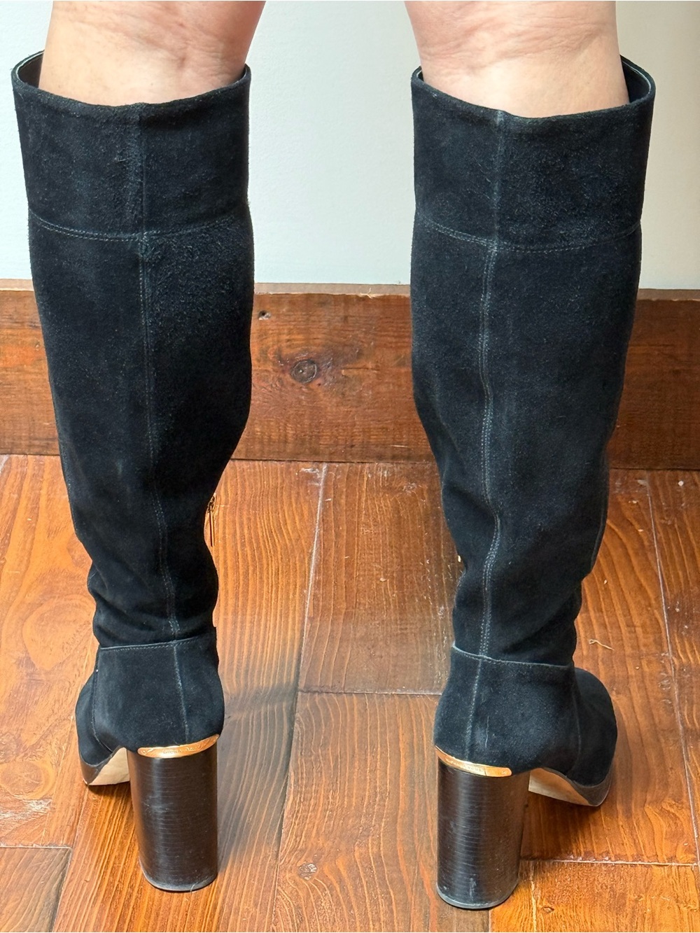Michael Kors Black Suede Knee-High Platform Boots with Gold Zip Accent - Picture 4 of 6